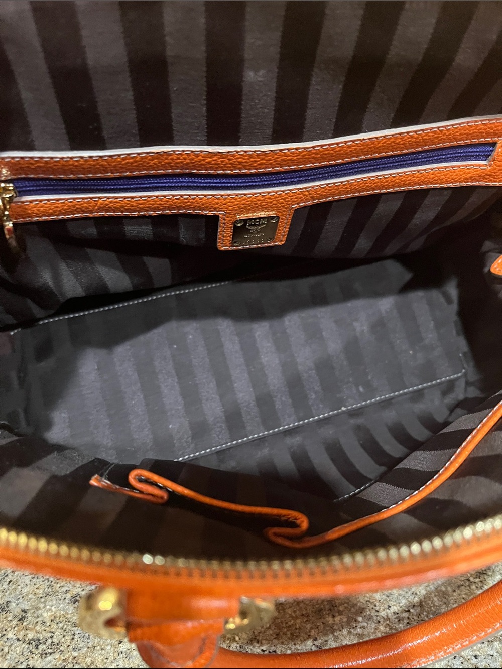 MCM Orange Pebbled Leather Dome Satchel with Gold-Tone Accents - Picture 10 of 13
